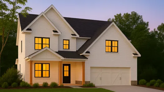 Modern two-story white brick house with lit windows, black roof, and attached garage during twilight.